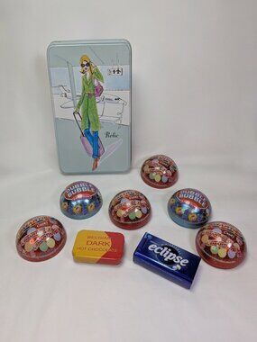 Vintage Style Metal Tin Set Relic Travel Girl & Christmas Candy Ornament Tins